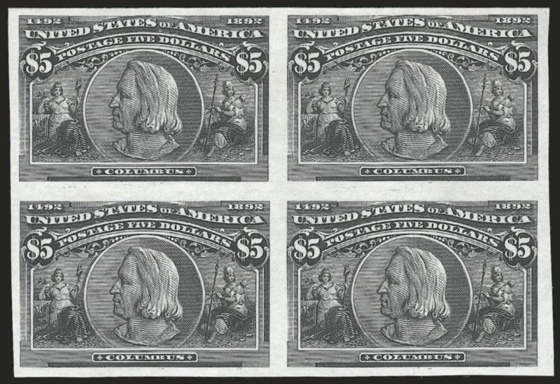 1c-$5.00 Columbian, Plate Proofs on India (230P3-245P3).> Blocks of four, each has large margins all around except 2c ample at left, 15c with sheet margin at left, deep rich colors as fresh as the day they were
printed, few usual flaws as seen on thi