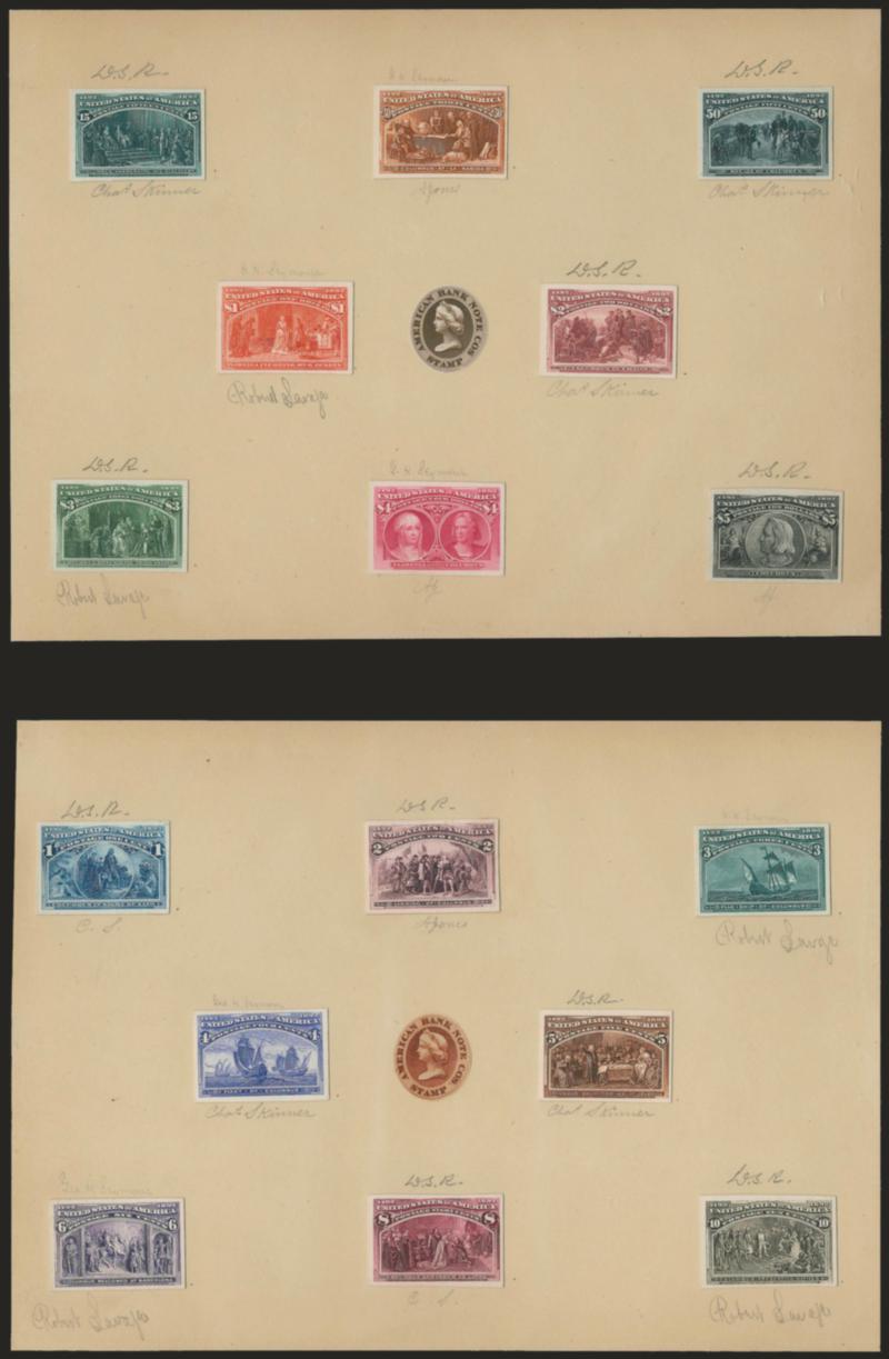 1c-$5.00 Columbian, Plate Proofs on Card (230P4-245P4).> Large margins, affixed to two <American Bank Note Co. presentation pages and each with signature of frame engraver at top and vignette engraver at
bottom,> each page with A.B.N. Co. label affix