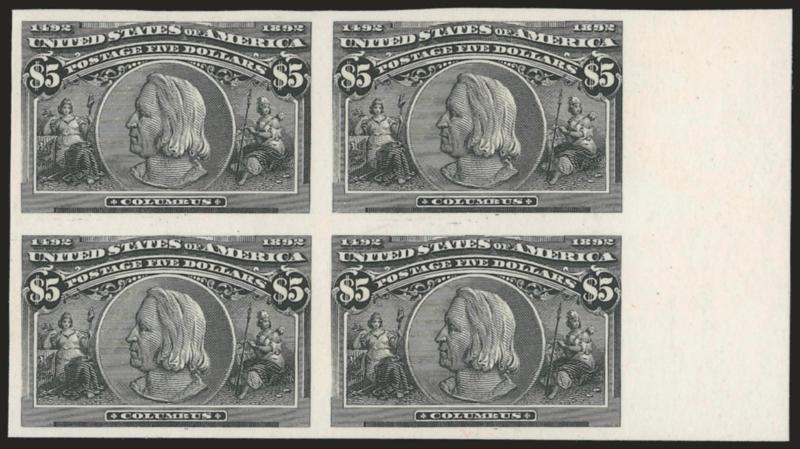 1c-$5.00 Columbian, Plate Proofs on Card (230P4-245P4).> Complete set in blocks of four, the 5c, 6c, 30c and $5.00 with sheet margin at right, $4.00 with sheet margin imprint at right, large margins, bright
colors<><>^VERY FINE-EXTREMELY FINE. A GO