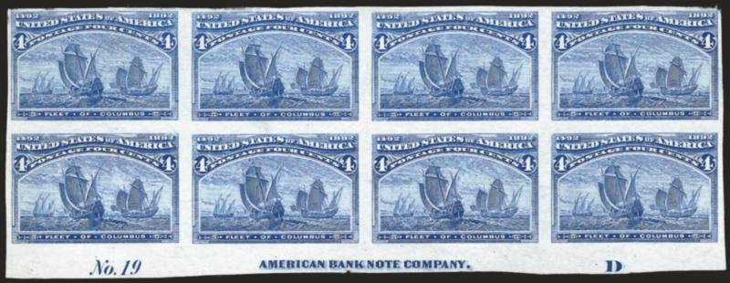 4c Columbian, Plate Proof on India (233P3).> Bottom imprint, plate no. 19 and letter D block of eight, large margins to clear, brilliant color, few paper flaws as often associated with this fragile paper,
otherwise Very Fine, scarce, this is the fi