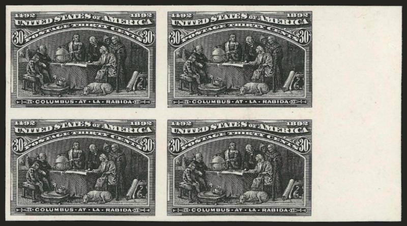 30c Black, Columbian, Trial Color Plate Proof on Card (239TC4).> Block of four, large margins all around incl. <sheet margin at right,> intense shade and impression, fresh and Extremely Fine, very scarce
multiple, unlisted as a block, Scott Retail as