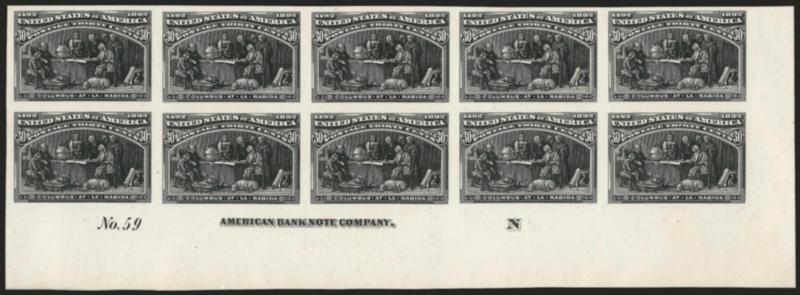 30c Black, Columbian, Trial Color Plate Proof on Card (239TC4).> Bottom left corner imprint, plate no. 59 and letter N block of ten, large margins, intense shade and impression<><>^EXTREMELY FINE. A BEAUTIFUL
AND RARE TRIAL COLOR IMPRINT AND PLAT