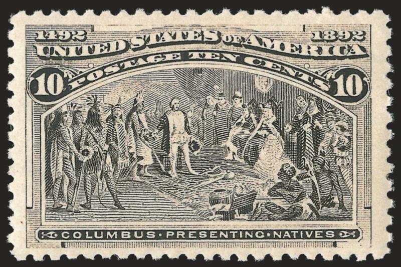 10c Columbian (237).> Original gum, h.r., radiant color, unusually choice centering with wide margins, faint natural gum bend at top right, Extremely Fine, a surprisingly difficult issue to obtain with such
choice centering