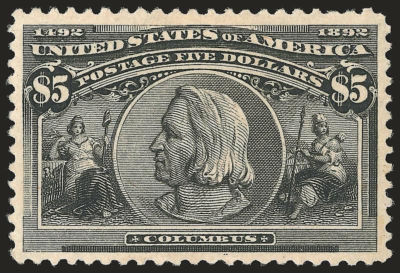 $5.00 Columbian (245).> Original gum with some small adherences on gum, crisp impression, expertly reperfed at bottom, Very Fine appearance