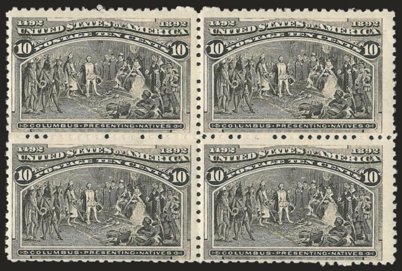 1c-10c Columbian (230-235, 237).> Blocks of four, incl. second block of 2c with <broken hat,> several stamps Mint N.H., bright colors, few flaws incl. 10c natural gum creases, appear Fine-Very Fine, Scott Retail
as hinged blocks