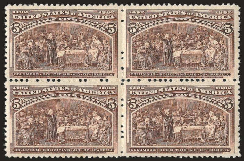 1c-5c Columbian (230-232, 234).> Blocks of four, original gum, bottom stamps of 5c Mint N.H., brilliant colors, few small flaws incl. 1c corner crease and 3c small toned spots on back, Fine-Very Fine appearance,
Scott Retail as hinged blocks