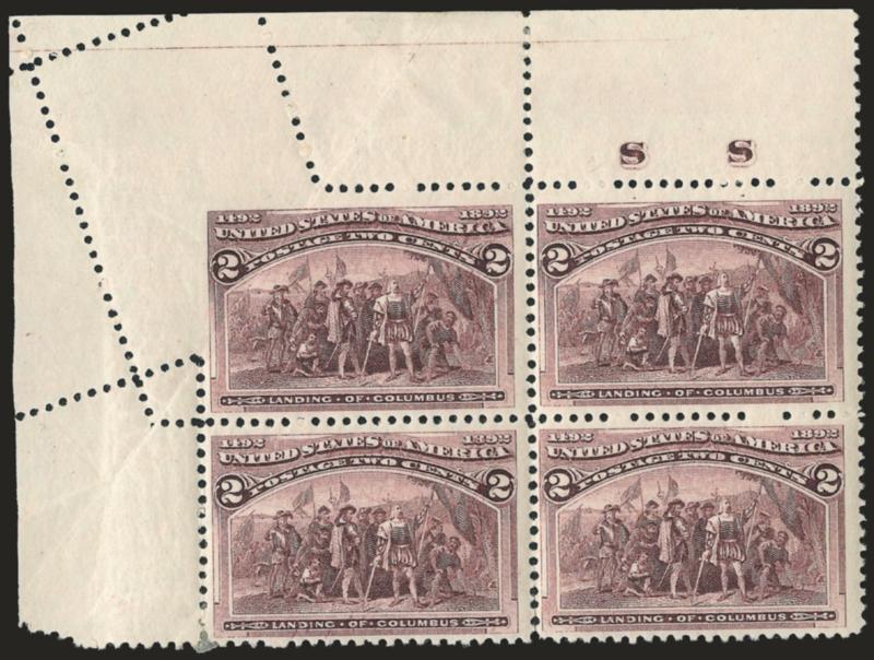 2c Columbian (231).> Three multiples each with <freak perforations,> incl. block of four with vertical perfs thru center of design, top left corner block of four with letters S S with corner folded over, last is
vertical strip of six with imprint a