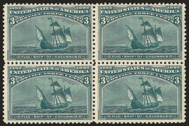 3c Columbian (232).> Two blocks of four, original gum, lightly hinged, deep rich colors, Fine-Very Fine