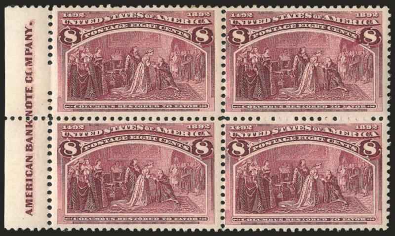 8c Columbian (236).> Block of four with <imprint at left,> original gum, bottom stamps Mint N.H., top stamps lightly hinged, deep rich color and proof-like impression, Fine-Very Fine, Scott Retail as
singles