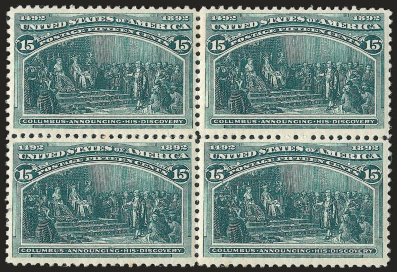 15c Columbian (238).> Block of four, original gum, lightly hinged, bright shade and detailed impression on crisp paper, bottom right stamp trivial toning specks on gum only, appears Fine-Very Fine