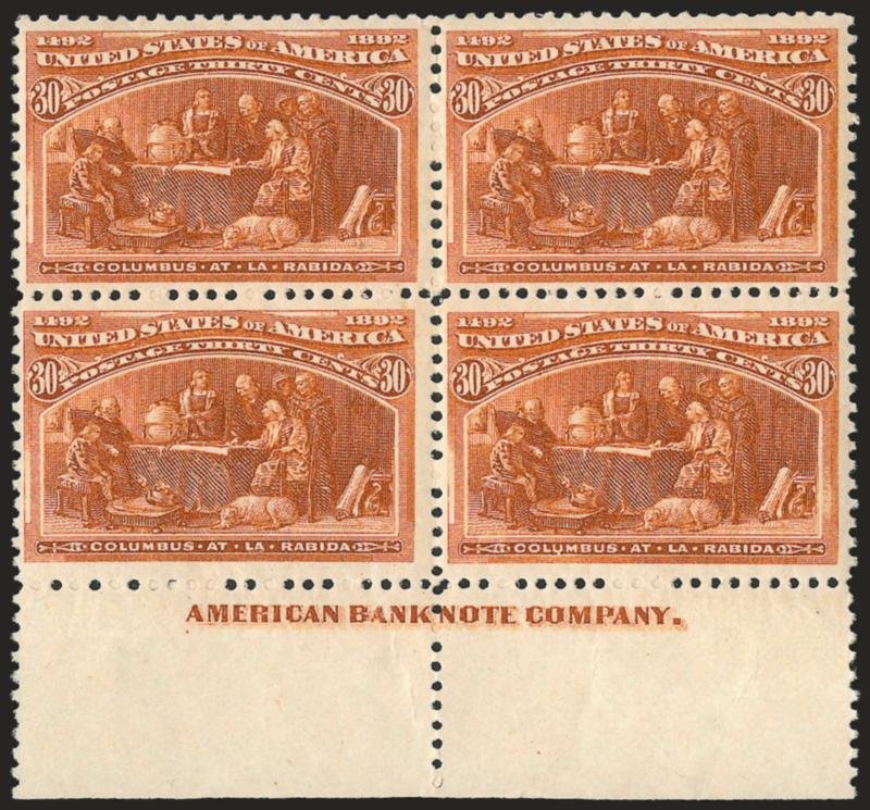 30c Columbian (239).> Mint N.H. block of four with <imprint at bottom,> radiant color as fresh as the day it was printed on bright paper, trivial natural paper wrinkle in selvage only mentioned for complete
accuracy<><>^VERY FINE. A PRISTINE MINT N