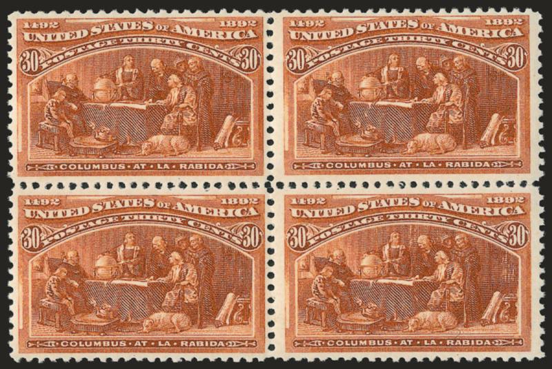 30c Columbian (239).> Block of four, original gum, barest trace of hinging, intense shade on bright paper, well-balanced margins, bottom right stamp light pencil notation on gum<><>^VERY FINE-EXTREMELY FINE
BLOCK OF FOUR OF THE 30-CENT COLUMBIAN IS