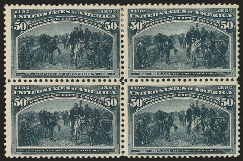 50c Columbian (240).> Block of four, original gum, small h.r. at top, deep rich color and detailed impression, few trivial toned specks on gum only affects right stamps, appears Very Fine, a pretty block
