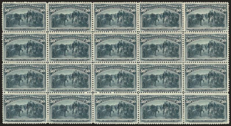 50c Columbian (240).> Block of 20, original gum, several stamps at center Mint N.H., deep rich color and proof-like impression, two stamps at top small thin spots, second vertical row from right light bend,
bottom left stamp diagonal crease<><>^VER