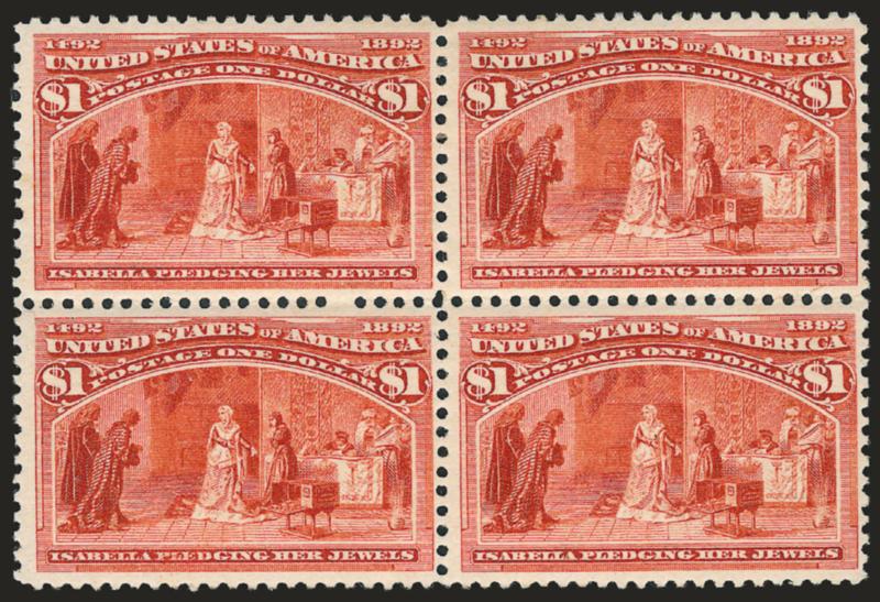 $1.00 Columbian (241).> Block of four, original gum, lightly hinged, brilliant color, detailed impression, choice centering, long and full perforations all around, few trivial age spots on back<><>^VERY FINE
BLOCK OF FOUR OF THE $1.00 COLUMBIAN ISS