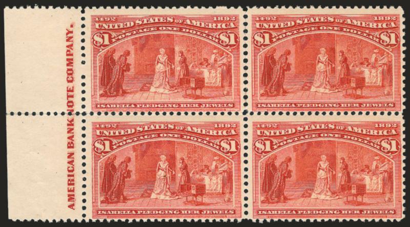 $1.00 Columbian (241).> Block of four with <imprint at left,> original gum, lightly hinged, radiant color, few perf separations expertly reinforced<><>^FINE. AN ATTRACTIVE BLOCK OF FOUR OF THE $1.00 COLUMBIAN
WITH IMPRINT AT THE LEFT.^<><>The Col