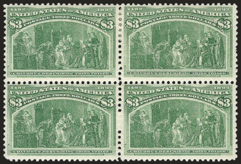 $3.00 Columbian (243).> Block of four, original gum, h.r., radiant color on bright paper, attractive centering throughout<><>^FINE. A BEAUTIFUL AND RARE BLOCK OF FOUR OF THE $3.00 COLUMBIAN ISSUE.^<><>The $3.00
is one of the most difficult blocks