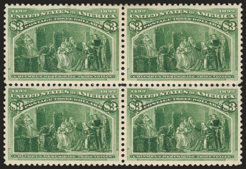 $3.00 Olive Green, Columbian (243a).> Block of four, original gum, intense shade and impression, unusually choice centering, bottom stamps with horizontal crease, few perf separations sensibly and expertly
reinforced<><>^EXTREMELY FINE APPEARANCE.