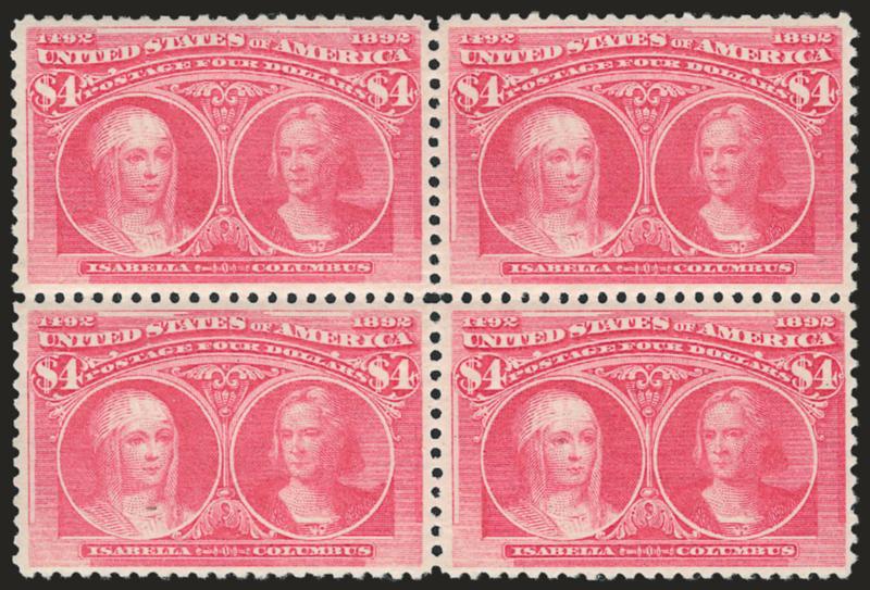 $4.00 Rose Carmine, Columbian (244a).> Block of four, original gum, radiant color, choice centering on bright paper, bottom left stamp small natural inclusion, bottom stamps faint crease<><>^EXTREMELY FINE
APPEARANCE. A SCARCE BLOCK OF FOUR OF THE