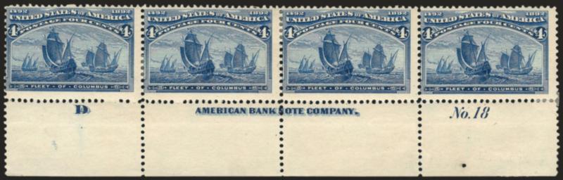 4c Columbian, Error of Color (233a).> Bottom imprint, plate no. 18 and letter D strip of four, original gum, h.r., deep rich color in the darker of the two shades, centered to left, completely sound<><>^FINE.
THE ONLY CERTIFIED SOUND IMPRINT AND
