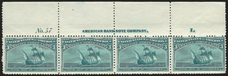 1c, 3c Columbians (230, 232).> Top imprint, plate no. and letter strips of four, stamps Mint N.H., h.r. in ungummed part of selvage, <two 1c with double transfers,> Fine-Very Fine, also incl. additional 3c pair
with plate no. and part imprint at bott