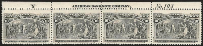10c Columbian (237).> Top imprint, plate no. 103 and letter Y strip of four, original gum, barely hinged, brilliant color and detailed impression, wide margins, left stamp small thin spot, appears Very
Fine