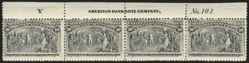 10c Columbian (237).> Top imprint, plate no. 103 and letter Y strip of four, original gum, h.r., brilliant color and detailed impression, fresh and Fine