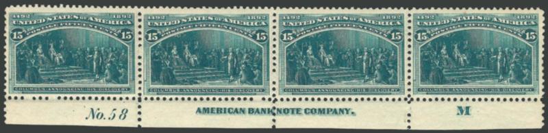 15c Columbian (238).> Bottom imprint, plate no. 58 and letter M strip of four, original gum, lightly hinged, deep rich color and proof-like impression, left stamp diagonal creases at top left, right stamp
trivial toned speck at top center, appears