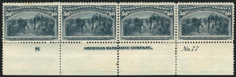 50c Columbian (240).> Bottom imprint, plate no. 77 and letter S strip of four, original gum, deep rich color and proof-like impression, few perf separations sensibly reinforced, top left stamp small toned spot
from gum at top, second spot in selvag