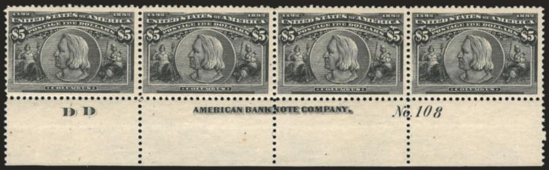 $5.00 Columbian (245).> Bottom imprint, plate no. 108 and letters D D strip of four, original gum, lightly hinged, bright shade and detailed impression, choice centering for this difficult multiple<><>^VERY FINE
AND CHOICE. A RARE AND BEAUTIFUL I