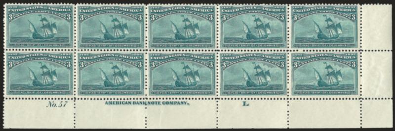 3c Columbian (232).> Mint N.H. bottom right corner imprint, plate no. 57 and letter L block of ten, brilliant color, detailed impression, light natural paper wrinkle in bottom center selvage only is barely
noticeable<><>^VERY FINE-EXTREMELY FINE.