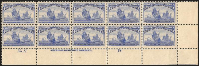 4c Columbian (233).> Mint N.H. bottom right corner imprint, plate no. 17 and letter D block of ten, bright color, trivial corner crease in bottom right selvage only well away from plate block, one stamp tiny
toned spot<><>^FINE-VERY FINE. AN ATTR