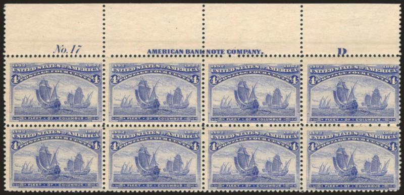 4c Columbian (233).> Top imprint, plate no. 17 and letter D block of eight, original gum, barest trace of hinging (almost appears Mint N.H.), deep rich color on bright paper, two or three trivial perf
separations, one stamp natural inclusion, light