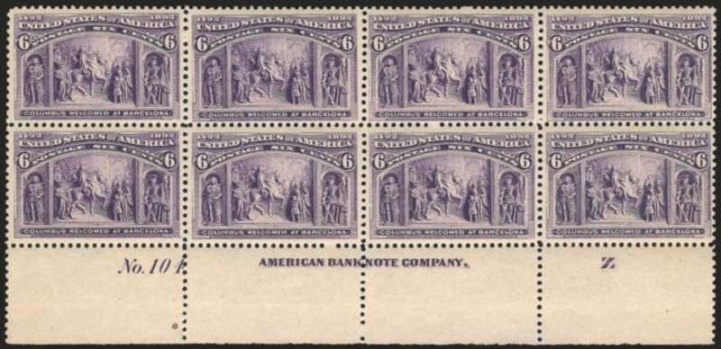 6c Columbian (235).> Bottom imprint, plate no. 104 and letter Z block of eight, original gum, two stamps Mint N.H., bright color, well-centered, small natural inclusion at bottom of selvage is inconsequential,
fresh and Very Fine, a beautiful plate