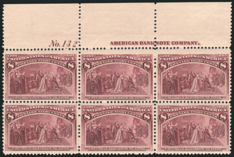 8c Columbian (236).> Top imprint and plate no. 132 block of six, original gum, intense shade and impression, fresh and Fine-Very Fine, an attractive plate block