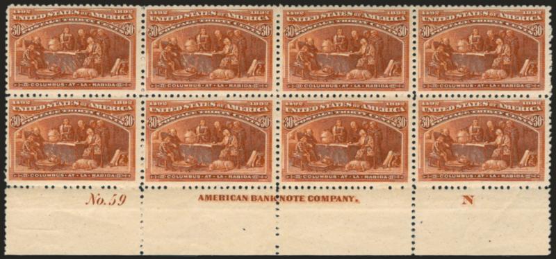 30c Columbian (239).> Bottom imprint, plate no. 59 and letter N block of eight, original gum, deep rich color and proof-like impression, natural gum bends and wrinkles, one stamp at bottom small indentation, top
right stamp small thin spot<><>^VE
