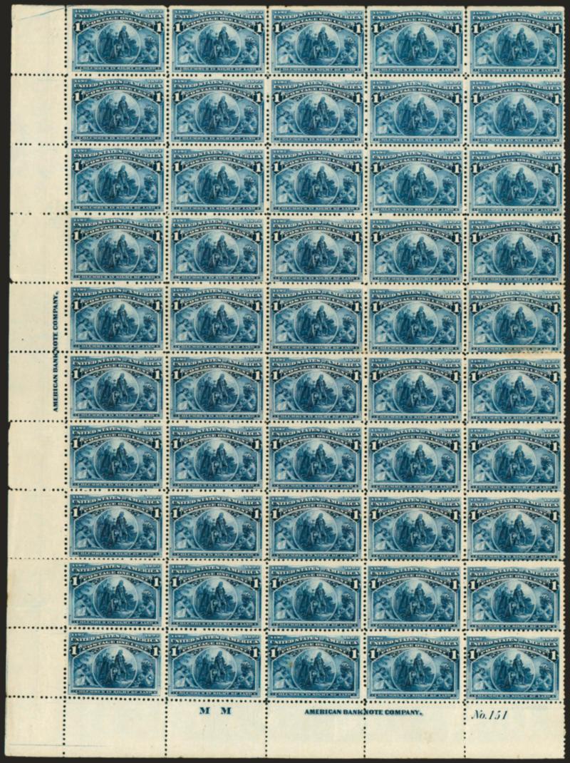 1c Columbian (230).> Pane of 50 with selvage at left, imprint and plate no. 151 at bottom, s.e. at top, virtually all Mint N.H. except two at right center with adherences, brilliant color, few flaws incl. perf
separations, otherwise Fine multiple