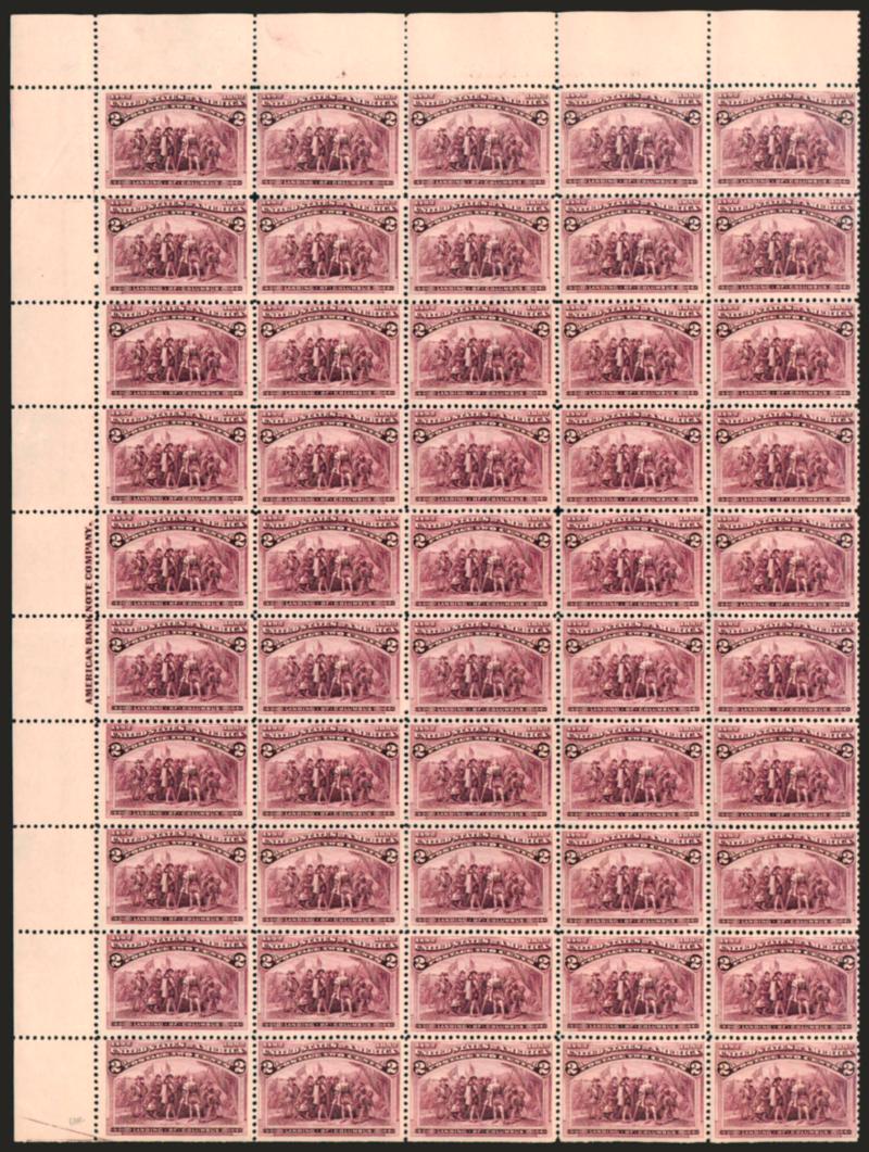 2c Columbian (231).> Pane of 50 with selvage at left, imprint and plate no. at top and natural s.e. at bottom, the plate block and few others lightly hinged, most Mint N.H., dry print of imprint means it barely
shows, several nicely centered, few fla