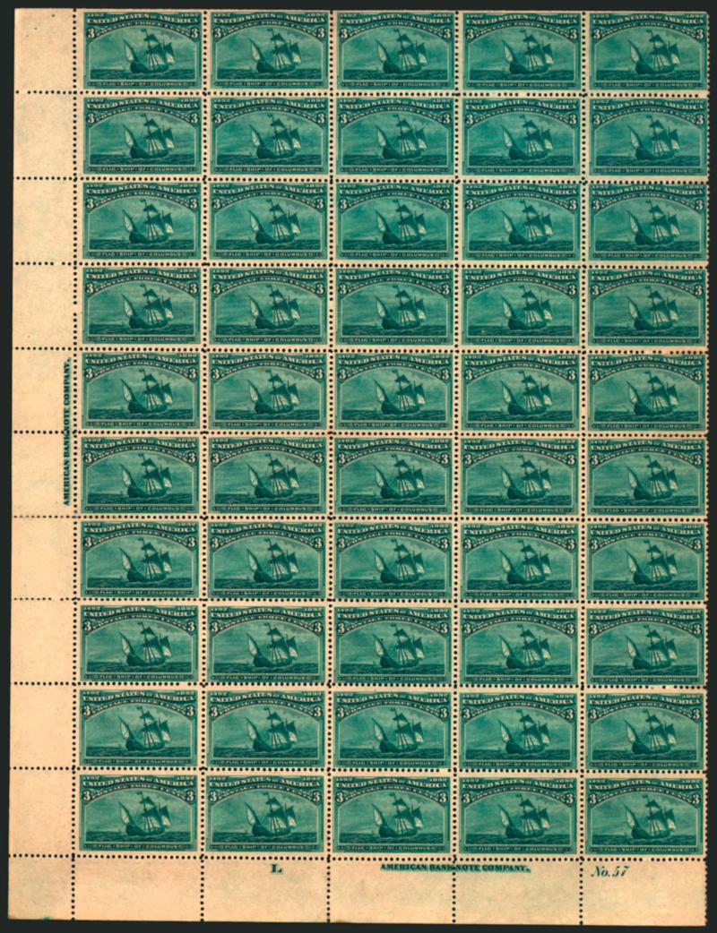 3c Columbian (232).>  Pane of 50 with selvage at left, imprint and plate no. 57 at bottom and natural s.e. at top, disturbed original gum from adhering to something like wax paper backing, deep rich color, few
minor imperfections, appears Fine