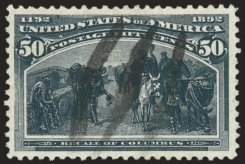 50c Columbian (240).> Rich color and proof-like impression, wide margins, cancelled by three bars apparently applied individually, Very Fine and choice, a pretty stamp