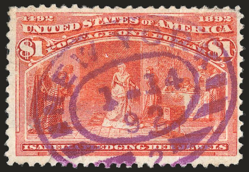 $1.00 Columbian (241).> Two, incl. one with purple New York 1-14-92 registry oval with yeardate error (the stamp was not issued until Jan. 1, 1893), second with Worlds Far cancel of Nov. 21, both defective,
still appear Fine and desirable by virtu