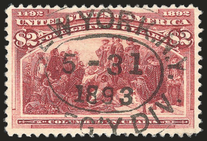 $2.00 Columbian (242).> Radiant color, neat strike of New York May 31, 1893 registry oval, Very Fine
