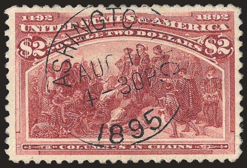 $2.00 Columbian (242).> Neat strike of Washington D.C. Aug. 10, 1-30 PM, 1895 machine cancel datestamp, rich color, choice centering, tiny tear and tiny corner crease at top left are barely noticeable, Extremely
Fine appearance