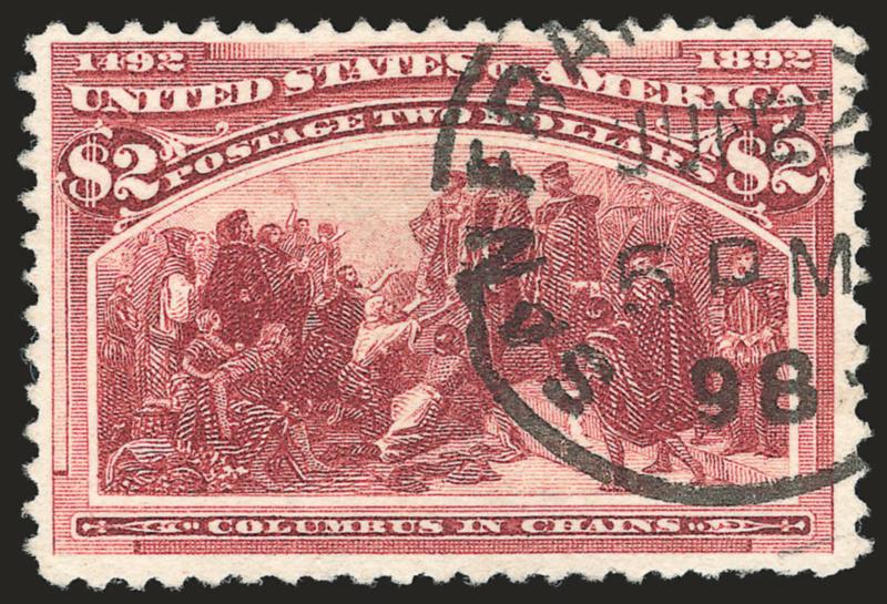 $2.00 Columbian (242).> Deep shade and detailed impression, neat strike of 1898 San Francisco circular datestamp, single short perf at bottom right, otherwise Very Fine
