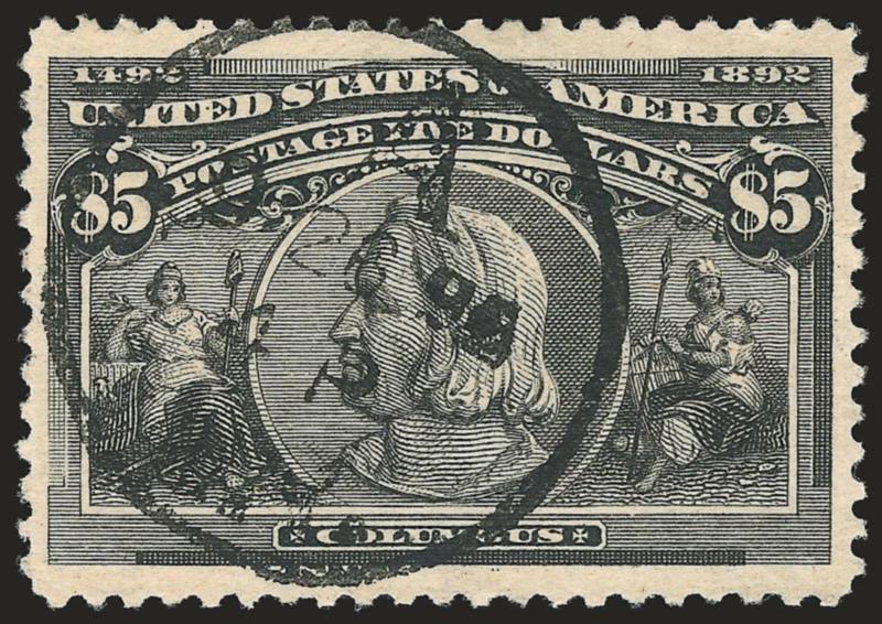 $5.00 Columbian (245).> Intense shade and impression, unusually wide margins all around, neat strike of circular datestamp<><>^EXTREMELY FINE. A SUPERB USED EXAMPLE OF THE $5.00 COLUMBIAN ISSUE AND VERY SCARCE
WITH THIS DATESTAMP CANCEL.^<><>Smal