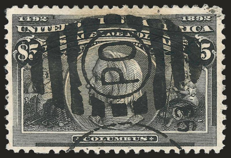 $5.00 Columbian (245).> Intense shade and proof-like impression, bold strike of PO oval duplex with 1893 yeardate clearly visible at right, Very Fine and choice