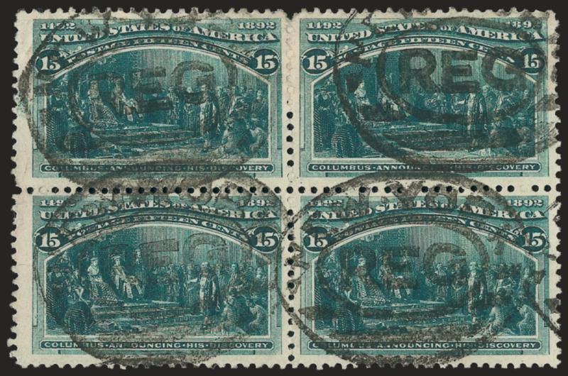 4c-15c Columbian (233, 235, 236, 238).> Used blocks of four, deep rich colors, 6c with centrally-struck red oval cancel, 8c with duplexes, 15c with registry ovals, few trivial imperfections incl. 15c light
corner crease and 4c few creases, appear Fin
