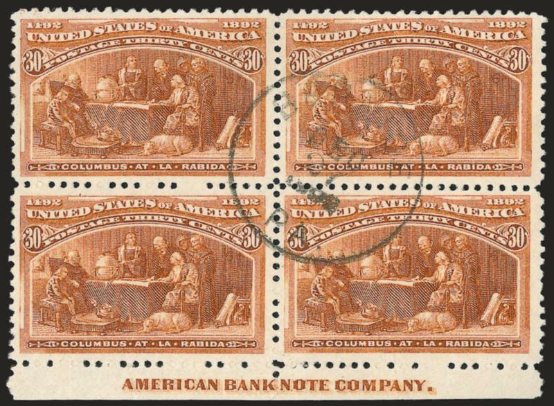 30c Columbian (239).> Block of four with <imprint at bottom,> brilliant color on bright paper, neat strike of Bernice Pa. Dec. 27 circular datestamp, Very Fine and choice, a scarce used block, Scott Retail with
no premium for the imprint