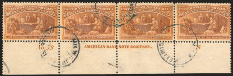30c Columbian (239).> Bottom imprint, plate no. and letter N strip of four, deep rich color, neat strikes of Milwaukee Wis. circular cancels, some expertly rejoined perfs, light creases in selvage only, some
minor toning, still Fine-Very Fine, scar