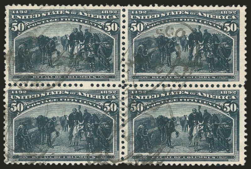 50c Columbian (240).> Block of four, deep rich color and proof-like impression, neat strikes of San Francisco registry oval cancels, bottom left stamp tiny thin speck, appears Very Fine, attractive multiple, we
have only sold three other used blocks
